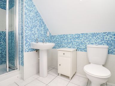 A bathroom with a shower cubicle a pedestal sink a small cabinet and a toilet at Trelawns in Mawgan Porth