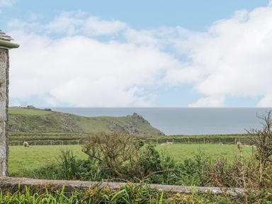 A coastal view with grassy fields and sheep near Parc An Castle Cottage in Lizard