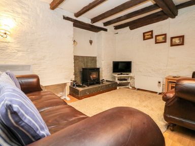 A living room with leather sofas a wood stove a television on a stand and framed pictures on the wall at Apple Loft in Lostwithiel