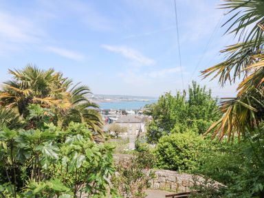 A garden with various trees and plants overlooking a harbor with boats and buildings at Rose Villa in Newlyn