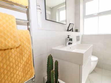 A bathroom with a white sink a cactus plant yellow towels on a metal rack and a window at Sea Breeze in Marazion