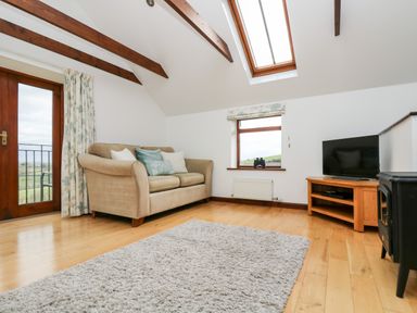 A living room with a beige sofa and cushions a wooden TV stand with a television a rug wooden ceiling beams and a glass door at Castle Dore Barn in Fowey