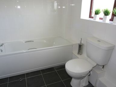 A bathroom with a bathtub a toilet and three potted plants on a windowsill at Sea Shore in Marazion