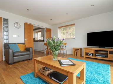 A living room with a coffee table with flowers a television and armchair at Rock Pool in Downderry