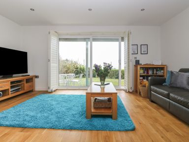 A living room with a blue rug a wooden coffee table with flowers and a television on a wooden stand at Rock Pool in Downderry