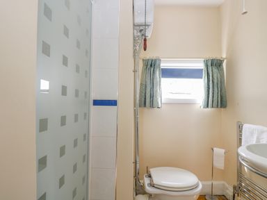 A bathroom with a toilet a small window with curtains a towel rack and a frosted glass shower door at 1 Dormer Villas in Portscatho