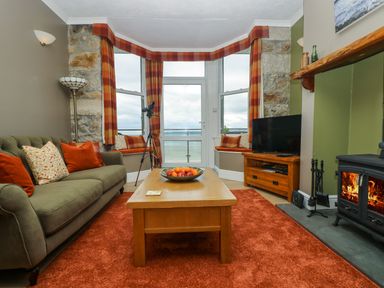 A living room with a green sofa red cushions a wooden coffee table with fruit a large window with plaid curtains a television and a wood burning stove at Mount View in Marazion
