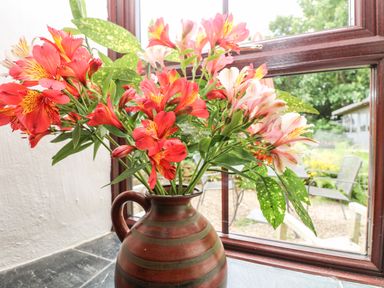 A bouquet of red and pink flowers in a striped brown vase on a windowsill with a garden visible outside at Chenalls Cottage in Helston