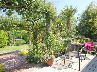 A garden patio with two chairs and a table with drinks and food surrounded by plants and trees at Summer House in Helston