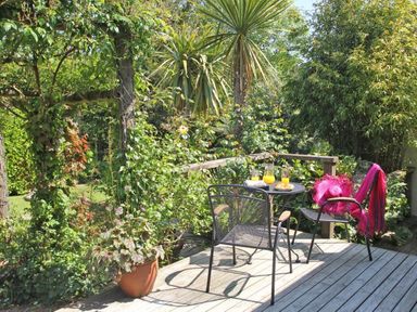 A small outdoor patio with two black metal chairs and a round table with drinks and pastries surrounded by lush green plants at Summer House in Helston