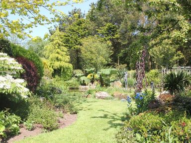 A garden with trees shrubs flowers and a grassy path at Summer House in Helston