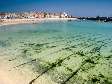 A sandy beach with clear water boats and buildings along the shore at White Duck Cottage in Hayle