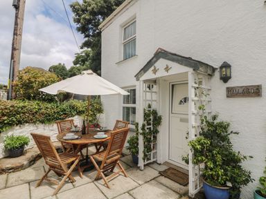 An outdoor patio with a wooden table and four chairs under a white umbrella next to a white house entrance with plants in blue pots at Mallards in Pentewan