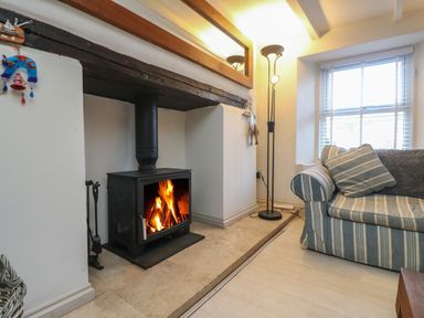 A living room with a lit wood stove a striped sofa and a floor lamp at Mallards in Pentewan