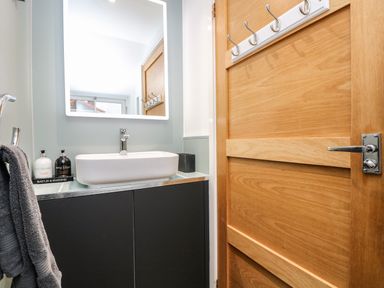 A bathroom sink with a mirror above and a wooden door with hooks on it at Ebenezer Cottage in Marazion