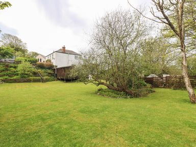 A garden with grass lawn trees a wooden deck and a white house in the background at Angarrack Farmhouse in Hayle