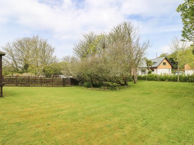 A large grass lawn with trees and a wooden fence near a house at Angarrack Farmhouse in Hayle