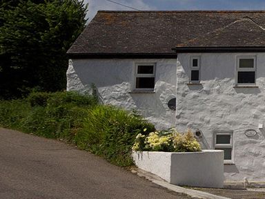 A white cottage with four windows and a planter with flowers next to a road at Godrevy Cottage in Hayle