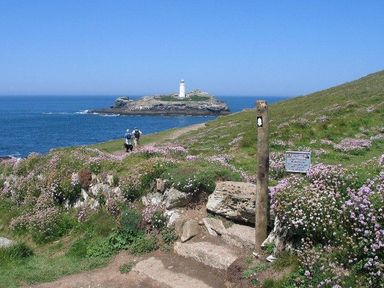 A coastal path with stone steps and flowers leading to a lighthouse on a small island at Godrevy Cottage in Hayle