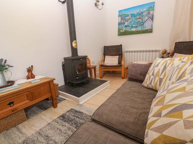 A living room with a stove and sofa at Godrevy Cottage in Hayle