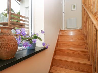 A wooden staircase next to a window with a terracotta vase and a blue pot with purple flowers at Little Hamlin in Rilla Mill Nr Callington
