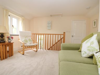 A sitting area with a green sofa and white armchair near a wooden railing at Little Hamlin in Rilla Mill Nr Callington