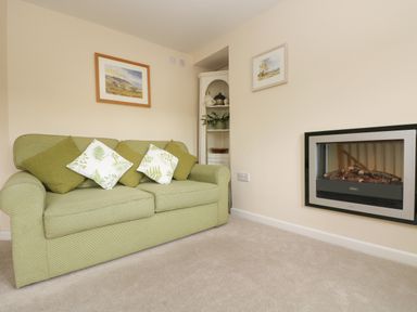 A room with a green sofa and cushions a corner shelf with decorations and a wall-mounted electric fireplace at Little Hamlin in Rilla Mill Nr Callington