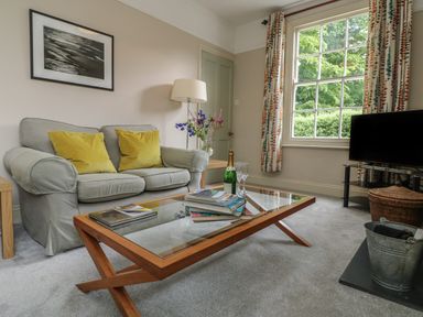 A living room with a sofa two yellow cushions a glass coffee table with books and a bottle a TV on a stand and a window with patterned curtains at Penwarne Lodge in Mawnan Smith