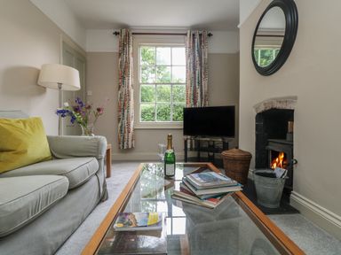 A living room with a sofa a glass coffee table a fireplace a television and a window with curtains at Penwarne Lodge in Mawnan Smith