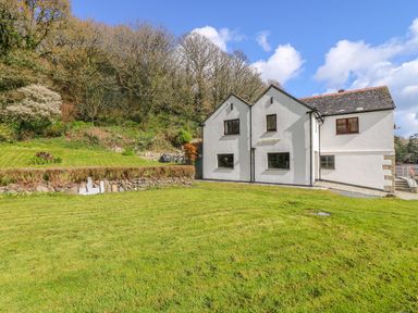 A house with white walls and multiple windows next to a lawn and wooded area at Carne Mill in Manaccan