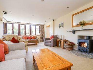 A living room with sofas pillows coffee table fireplace and window at Carne Mill in Manaccan