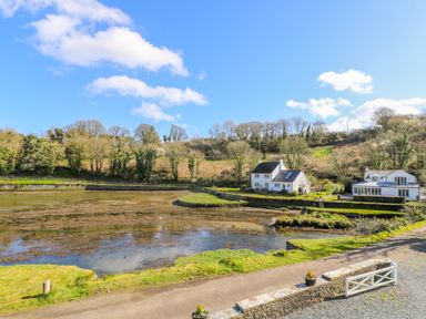 A rural landscape with two white houses near a pond and trees at Carne Mill in Manaccan