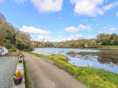 A road along a river with boats and trees under a blue sky at Carne Mill in Manaccan