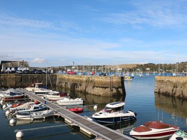 A marina with boats docked along a wooden pier and a stone pier with cars and buildings at Little Chycoose in Truro