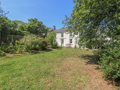 A garden with grass and trees in front of a white house at Little Chycoose in Truro