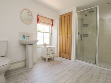 A bathroom with a toilet sink mirror small cabinet window wooden door and glass shower at Little Chycoose in Truro