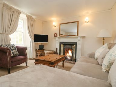 A living room with a beige sofa with cushions a wooden coffee table a purple armchair a fireplace with a fire and a wall-mounted television at Little Chycoose in Truro