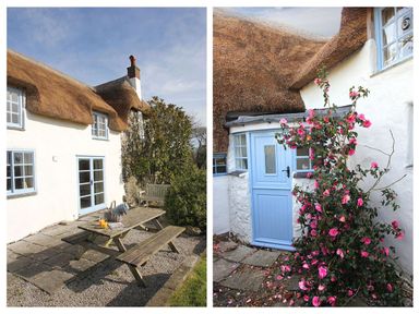 A thatched cottage with blue doors and windows surrounded by flowers and outdoor seating at Rose Cottage in Manaccan