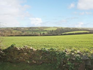 A grassy field with a stone wall in the foreground and rolling hills in the distance at Rose Cottage in Manaccan