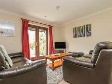 A living room with leather sofas a wooden coffee table and a television near glass doors with red curtains at Cuckoo's Cottage in Falmouth