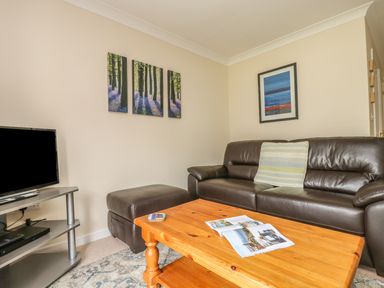 A living room with a brown leather sofa a wooden coffee table a TV on a stand and framed pictures on beige walls at Cuckoo's Cottage in Falmouth