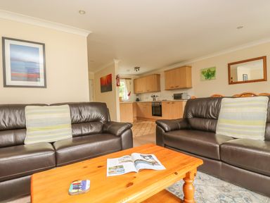 A living room with two brown leather sofas and a wooden coffee table with a magazine on it next to a kitchen with wooden cabinets at Cuckoo's Cottage in Falmouth