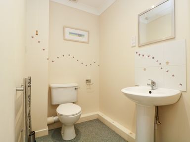 A bathroom with a toilet, sink, mirror, towel rail, and starfish decorations on walls at Trelease in Falmouth