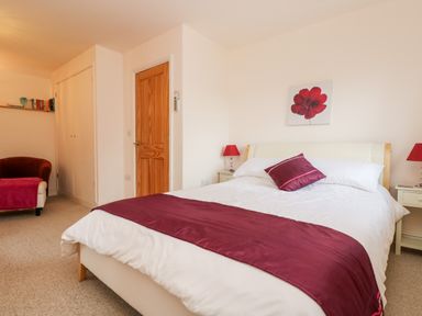 A bedroom with a double bed with white and burgundy bedding two bedside tables with red lamps a wooden door and a red armchair by a white wall with a shelf of books at Plum Cottage in Colebrooke near Crediton