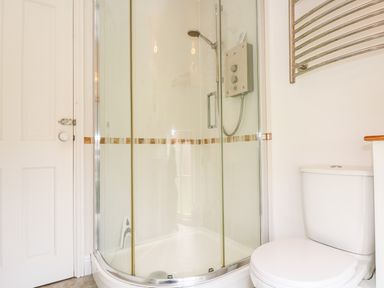 A bathroom with a corner glass shower enclosure a white toilet a white door and a chrome towel rack at Plum Cottage in Colebrooke near Crediton