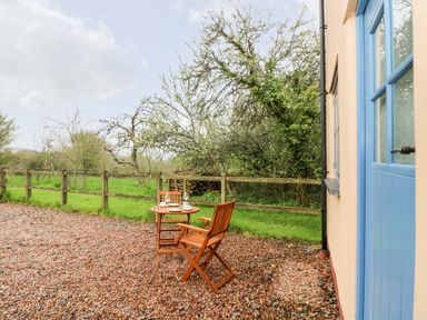 A small outdoor seating area with a wooden table and two chairs on a gravel surface next to a building with a blue door and a wooden fence with trees behind it at Plum Cottage in Colebrooke near Crediton