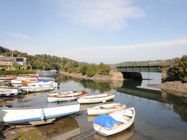 A river with boats tied up near a bridge and houses surrounded by trees at Byre in Lostwithiel