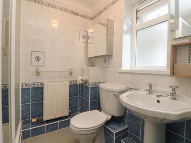 A bathroom with a toilet sink mirror and window at Bethany Bay View in Holywell Bay