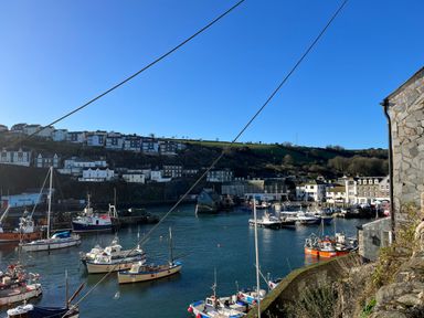 A harbor with boats in the water and houses on a hillside at Glanville House Mevagissey