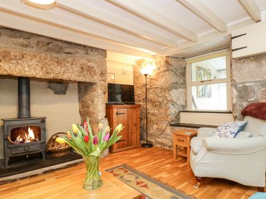 A living room with a wood burning stove in a stone fireplace a gray armchair a wooden cabinet with a tv and a vase of tulips on a wooden table at Gurnard's Cottage in St Ives